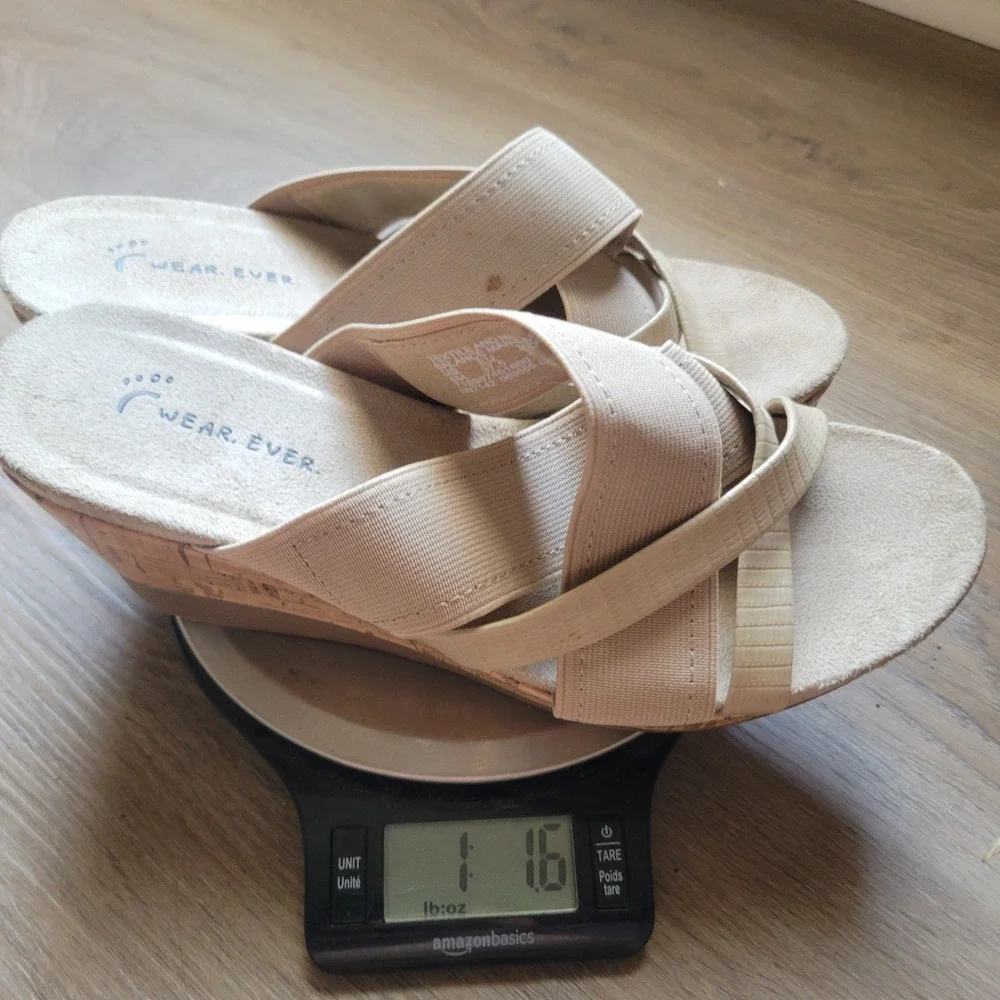 Wear Ever Womens Wedge Sandals 6M Beige Elastic Cork Boho Summer Slides